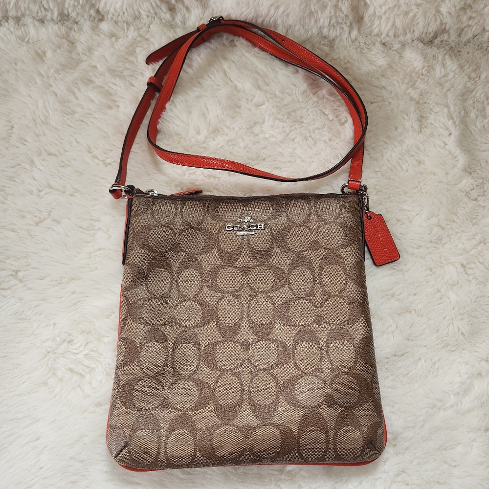 Coach Signature Canvas North South Crossbody Bag Khaki Red Orange Style F35940